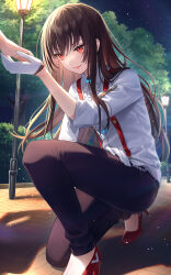 Rule 34 | 1girl, 1other, absurdres, brown hair, brown pants, center frills, closed mouth, collared shirt, frilled shirt, frills, gloves, heaven burns red, high heels, highres, long hair, long sleeves, mairo, night, night sky, on one knee, outdoors, pants, red eyes, red footwear, shirt, sky, sleeve rolled up, suspenders, white gloves, white shirt, yanagi mion