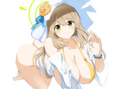 1girl absurdres ars_(pixiv74346033) ass bare_shoulders bikini blue_archive blush bracelet breasts cleavage collarbone flower green_eyes halo hat hat_flower highres jewelry large_breasts light_brown_hair long_hair long_sleeves looking_at_viewer nonomi_(blue_archive) nonomi_(swimsuit)_(blue_archive) open_clothes see-through_clothes see-through_shirt shirt smile solo sun_hat swimsuit thighs white_hat yellow_bikini