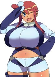 Rule 34 | 1girl, belly, blue eyes, breasts, creatures (company), curvy, eyebrows, game freak, highres, huge breasts, komusou (jinrikisha), long hair, looking at viewer, midriff, navel, nintendo, open mouth, pokemon, pokemon bw, red hair, simple background, skyla (pokemon), smile, solo, standing, stomach, teeth, white background