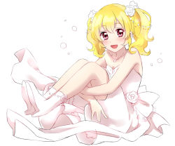 Rule 34 | 1girl, :d, aikatsu!, aikatsu! (series), alternate hairstyle, bare shoulders, blonde hair, blush, dress, flower, flower ornament, frilled dress, frills, full body, gloves, high heels, highres, hoshimiya ichigo, jewelry, knees up, lipstick, long hair, looking at viewer, makeup, necklace, open mouth, red eyes, rose, sekina, shoes, simple background, smile, solo, twintails, wedding dress, white background, white dress, white flower, white footwear, white gloves, white rose