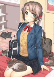 Rule 34 | 1girl, animal, animal on lap, arms at sides, asymmetrical hair, b-ginga, bag, bag charm, black skirt, blazer, blue jacket, blush, bow, bowtie, braid, breasts, brown hair, cat, cat on lap, charm (object), closed mouth, duffel bag, green eyes, hair tie, indoors, jacket, long hair, long sleeves, looking at viewer, medium breasts, on lap, open clothes, open jacket, original, over shoulder, red bow, red bowtie, single braid, sitting, skirt, smile, solo, sparkle, tareme