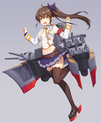 Rule 34 | 1girl, armband, bad id, bad pixiv id, belt, black footwear, black hair, black thighhighs, blue skirt, brown eyes, catsmoon, character request, full body, furutaka (cruiser), jacket, kantai collection, loafers, long hair, long sleeves, looking at viewer, machinery, midriff, military jacket, miniskirt, mvp, navel, open mouth, pleated skirt, shoes, side ponytail, simple background, skirt, solo, standing, standing on one leg, thighhighs, white jacket