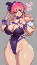 Rule 34 | 1girl, agawa ryou, breasts, curvy, earrings, grey background, hat, headband, jewelry, large breasts, long hair, looking to the side, one-piece swimsuit, original, pink eyes, pink hair, ribbon, simple background, solo, swimsuit, thick thighs, thighs, wide hips