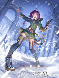Rule 34 | 1girl, ahoge, artist name, belt, black footwear, boots, braid, brooch, build divide, buttons, card, cecil (build divide), company name, copyright notice, double-breasted, finger on trigger, from below, full body, gold footwear, green eyes, green jacket, green skirt, gun, highres, holding, holding card, holding gun, holding weapon, jacket, jewelry, long sleeves, official art, open mouth, outdoors, pleated skirt, purple hair, ruins, scared, side braid, single braid, skirt, snow, snowing, solo, standing, sunohara (encount), sweatdrop, thigh boots, thighhighs, vambraces, weapon, zettai ryouiki