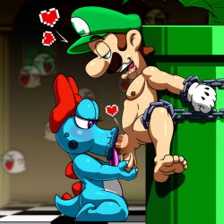 Rule 34 | 1boy, 1girl, ahegao, androgynous, bare shoulders, barefoot, bdsm, birdo, blue eyes, blush, boo (mario), bow, brown hair, caressing testicles, chain, feet, fellatio, fucked silly, gloves, gradient background, half-closed eyes, hat, heart, hetero, interspecies, lawgick, luigi, mario (series), monster, monster girl, naughty face, nintendo, nude, open mouth, oral, orgasm, penis, purple eyes, saliva, sex, short hair, smoking pipe, spread legs, super mario bros. 1, testicles, toes, tongue, tongue out, warp pipe