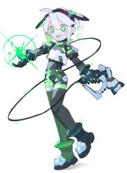 Rule 34 | 1girl, bright pupils, cable, cheri zao, cropped shirt, energy, full body, green eyes, green hair, gun, highres, holding, holding gun, holding weapon, multicolored hair, original, robot girl, shirt, short hair, simple background, solo, two-tone hair, weapon, white background, white hair, white shirt