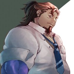 Rule 34 | 1boy, bags under eyes, bara, blue necktie, boogeyman (housamo), brown hair, collared shirt, colored skin, commentary request, facial hair, goatee, high ponytail, long hair, long sideburns, looking at viewer, male focus, mature male, multicolored hair, muscular, muscular male, necktie, noramoso, partially unbuttoned, purple skin, red eyes, scar, scar on face, shirt, sideburns, solo, tokyo houkago summoners, two-tone background, two-tone hair, upper body