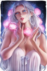 Rule 34 | 1girl, bare shoulders, blue eyes, breasts, cleavage, dress, final fantasy, final fantasy xiv, flower, grey hair, large breasts, long hair, looking at viewer, olchas, parted lips, pink flower, red lips, solo, strapless, strapless dress, upper body, venat (ff14), white dress