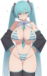 1girl aqua_eyes aqua_hair breasts cleavage closed_mouth cowboy_shot detached_collar detached_sleeves hair_between_eyes hands_on_own_hips hatsune_miku highres large_breasts long_hair looking_at_viewer navel sidelocks simple_background smile solo sparkle stomach swimsuit twintails vocaloid wabimochi white_background