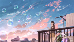 Rule 34 | 1girl, absurdres, air conditioner, black hair, black shirt, bubble, blowing bubbles, building, cloud, cloudy sky, commentary request, evening, highres, original, outdoors, rooftop, scenery, shirt, short hair, shorts, shurock, sky, solo, sunset, yellow shorts