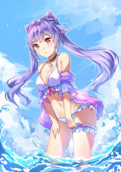 Rule 34 | 1girl, bare shoulders, bikini, black choker, blue sky, breasts, chahei, choker, cleavage, cloud, collarbone, commentary request, cone hair bun, day, frilled bikini, frills, genshin impact, hair bun, highres, jacket, keqing (genshin impact), leaning forward, long hair, looking at viewer, medium breasts, off shoulder, outdoors, parted lips, pink jacket, purple hair, red eyes, short sleeves, sky, solo, standing, star (symbol), star choker, swimsuit, twintails, very long hair, water, white bikini