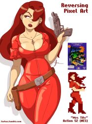 Rule 34 | 1girl, action 52, bodysuit, breasts, brown eyes, brown hair, cleavage, cross, cross necklace, furboz, gun, hair over one eye, holding, holding gun, holding weapon, holster, jewelry, large breasts, lips, long hair, necklace, reference inset, shadow, simple background, solo, weapon, white background