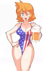 Rule 34 | 1girl, alternate costume, american flag swimsuit, bare legs, beer mug, breasts, cosplay, creatures (company), cup, curvy, game freak, hand on own hip, highleg, highleg swimsuit, highres, holding, holding cup, inkerton-kun, large breasts, legs, looking at viewer, misty (pokemon), mug, nintendo, one-piece swimsuit, one eye closed, open mouth, orange hair, pokemon, pokemon hgss, short hair, smile, solo, standing, swimsuit, thighs, united states, white background, wide hips, wink