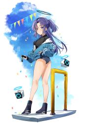 Rule 34 | 1girl, 2022, absurdres, blue archive, blue buruma, blue eyes, blue hair, blue sky, buruma, cellphone, closed mouth, cloud, cloudy sky, deitaku, full body, halo, hand on own hip, highres, holding, holding phone, jacket, long sleeves, looking at viewer, open clothes, open jacket, outdoors, phone, shoes, short twintails, sky, sleeves past wrists, smartphone, solo, standing, track jacket, twintails, yuuka (blue archive), yuuka (track) (blue archive)