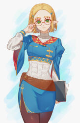 Rule 34 | 1girl, absurdres, adjusting eyewear, alternate costume, alternate hairstyle, blonde hair, blue skirt, book, braid, closed mouth, glasses, green eyes, hair ornament, hairclip, hand on eyewear, highres, holding, holding book, holding paper, itou (very ito), light smile, long sleeves, looking at viewer, nintendo, official alternate costume, official alternate hairstyle, paper, parted bangs, pointy ears, princess zelda, short hair, sidelocks, simple background, skirt, smile, solo, standing, the legend of zelda, the legend of zelda: tears of the kingdom