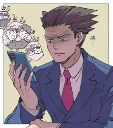 Rule 34 | 1boy, ace attorney, black hair, blue jacket, border, cellphone, chuunosuke (ace attorney), closed eyes, collared shirt, commentary request, hand on another&#039;s shoulder, hand up, highres, holding, holding phone, jacket, kazuma asogi, laughing, long sleeves, looking at phone, male focus, necktie, nuzzle, nyasogi, open mouth, phoenix wright, phone, pink necktie, ryunosuke naruhodo, shaded face, shino (shino dgs), shirt, short hair, smartphone, solo, speech bubble, spiked hair, sweat, the great ace attorney, upper body, white border, white shirt