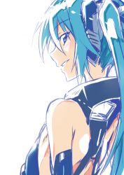 Rule 34 | 1girl, blue eyes, blue hair, breasts, detached sleeves, from behind, hair between eyes, long hair, looking at viewer, looking back, ore twintail ni narimasu, parted lips, sideboob, simple background, small breasts, smile, solo, tailblue, twintails, upper body, very long hair, white background, yuto (dialique)