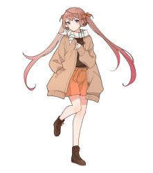 Rule 34 | 1girl, alternate costume, asagumo (kancolle), bad id, bad twitter id, bow, casual, commentary request, full body, hair bow, hand in pocket, jacket, kantai collection, long hair, long sleeves, looking at viewer, orange bow, orange shorts, shakemi (sake mgmgmg), shorts, simple background, solo, standing, standing on one leg, twintails, white background, white neckwear