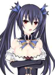 Rule 34 | 1girl, bare shoulders, black hair, blue bow, blue ribbon, blush, bow, bowtie, breast hold, breasts, buttons, cleavage, crossed arms, detached collar, detached sleeves, dot nose, elbow gloves, en-sof, frills, gloves, hair between eyes, hair ribbon, head tilt, highres, long hair, looking at viewer, medium breasts, neptune (series), noire (neptunia), open mouth, red eyes, ribbon, simple background, solo, tsurime, twintails, upper body, white background