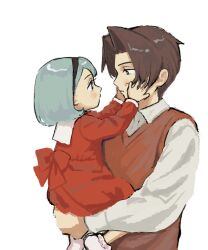 Rule 34 | 1boy, 1girl, ace attorney, aged down, black hairband, blue hair, blush, brown eyes, brown hair, carrying, carrying person, closed mouth, collared shirt, dress, eye contact, franziska von karma, hair intakes, hairband, hands on another&#039;s cheeks, hands on another&#039;s face, long sleeves, looking at another, miles edgeworth, red dress, red vest, renshu usodayo, shirt, short hair, simple background, vest, white background, white shirt