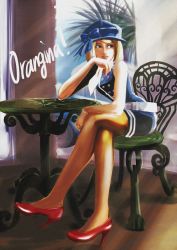 Rule 34 | 1girl, bad id, bad pixiv id, bare legs, belt, blonde hair, blue eyes, chair, head rest, hat, high heels, highres, crossed legs, lipstick, makeup, orangina, original, pantyhose, personification, red footwear, shoes, short hair, sitting, smile, solo, table, yoshitomi hayato