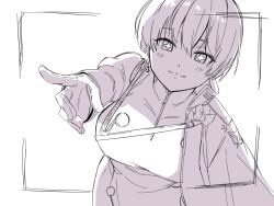 Rule 34 | + +, 1girl, absurdres, blush, breasts, cape, closed mouth, earrings, fujisaki subaru, gloves, goddess of victory: nikke, greyscale, highres, jewelry, large breasts, liliweiss (nikke), looking at viewer, military uniform, monochrome, reaching, reaching towards viewer, short hair, sketch, smile, solo, star-shaped pupils, star (symbol), symbol-shaped pupils, uniform, upper body