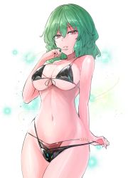 Rule 34 | 1girl, bad id, bad pixiv id, bare arms, bare shoulders, bikini, black bikini, breasts, commentary request, cowboy shot, green hair, hair between eyes, hand up, highres, kazami yuuka, large breasts, looking at viewer, navel, parted lips, red eyes, short hair, solo, standing, stomach, swimsuit, thighs, touhou, white background, y2