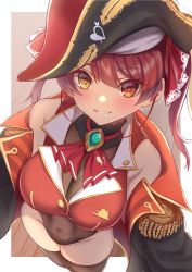Rule 34 | 1girl, absurdres, black thighhighs, blush, breasts, brooch, cleavage, coat, covered navel, crossed legs, epaulettes, from above, grin, hat, heterochromia, highres, hololive, houshou marine, jewelry, large breasts, leotard, looking at viewer, off shoulder, pirate hat, red eyes, red hair, see-through, see-through cleavage, smile, solo, thighhighs, twintails, virtual youtuber, yellow eyes, zeolch