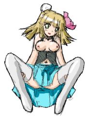 Rule 34 | 1girl, blonde hair, blue dress, borrowed character, breasts, dress, green eyes, oekaki, pantyhose, pink ribbon, ribbon, sids, solo, thighhighs, white pantyhose, white thighhighs