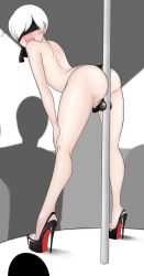 Rule 34 | 1boy, artist request, ass, blush, crossdressing, embarrassed, high heels, small penis, male focus, nier (series), nier:automata, open mouth, penis, pole, short hair, solo, testicles, toes, trap, white hair, 9s (nier:automata)