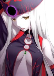 Rule 34 | 1girl, arm up, bare shoulders, breasts, dark persona, detached sleeves, dress of heaven, fate/grand order, fate (series), highres, justeaze lizrich von einzbern, long hair, looking at viewer, solo, tamaki rina, tongue, tongue out, underboob, upper body, white hair, yellow eyes