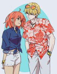 Rule 34 | 1boy, 1girl, ahoge, arms behind back, blonde hair, blue background, blue shirt, bracelet, closed mouth, collared shirt, commentary request, cosplay, costume switch, earrings, eye contact, fate/grand order, fate (series), floral print, fujimaru ritsuka (female), fujimaru ritsuka (female) (tropical summer), gilgamesh (establishment) (fate), gilgamesh (fate), hands in pockets, hawaiian shirt, highres, jewelry, looking at another, mi (pic52pic), necklace, official alternate costume, orange-tinted eyewear, orange-tinted glasses, orange eyes, orange hair, pants, red eyes, red shirt, shirt, short hair, short shorts, shorts, smile, standing, tied shirt, tinted eyewear, tropical summer (fate), white pants, white shorts, wristband