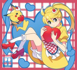 Rule 34 | 2girls, alternate costume, apron, blonde hair, bloomers, booing, cherry hair ornament, chuchu (pokemon), commentary request, creatures (company), dress, food-themed hair ornament, full body, game freak, gen 1 pokemon, grey eyes, hair ornament, heart, high heels, highres, holding, holding heart, kneehighs, multiple girls, nintendo, patterned background, pikachu, pokemon, pokemon adventures, red background, red footwear, side ponytail, signature, smile, socks, sutokame, underwear, waist apron, white apron, white background, white bloomers, white socks, yellow (pokemon), yellow dress