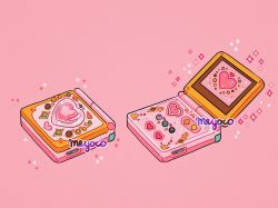 Rule 34 | artist name, bad id, bad instagram id, buttons, game boy advance sp, handheld game console, heart, meyoco, no humans, original, pink background, screen, simple background, sparkle