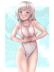 Rule 34 | 1girl, breasts, clothes pull, commentary request, competition swimsuit, cowboy shot, highres, large breasts, looking at viewer, mashinatsu, one-piece swimsuit, one-piece swimsuit pull, original, pink eyes, short hair, sideboob, silver hair, solo, standing, swimsuit, thigh gap, white one-piece swimsuit