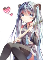 Rule 34 | 1girl, bad id, bad pixiv id, blue eyes, blue hair, detached sleeves, hatsune miku, headset, heart, long hair, matching hair/eyes, necktie, opopowa, sitting, skirt, smile, solo, spring onion, thighhighs, twintails, very long hair, vocaloid, white background
