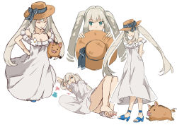 Rule 34 | 1girl, ass, blue eyes, character sheet, closed eyes, dress, fate/grand order, fate (series), grey hair, hat, high heels, hsin, knees up, long hair, looking at viewer, lying, marie antoinette (fate), marie antoinette (fate/grand order), marie antoinette (swimsuit caster) (fate), marie antoinette (swimsuit caster) (second ascension) (fate), multiple views, on back, pig, sandals, simple background, sleeveless, sleeveless dress, smile, twintails, white background