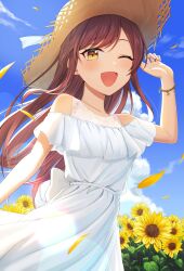 Rule 34 | 1girl, ;d, absurdres, bracelet, brown hair, dress, flower, hat, highres, idolmaster, idolmaster shiny colors, jewelry, kurageso, long hair, off-shoulder dress, off shoulder, one eye closed, open mouth, osaki amana, sky, smile, solo, straw hat, sun hat, sundress, sunflower, white dress, yellow eyes