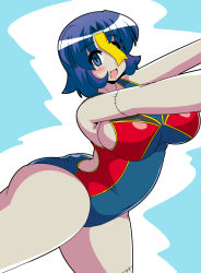 Rule 34 | 1girl, :d, akasode (tyaramu), ass, blue eyes, blue hair, blush, breasts, competition swimsuit, covered navel, curvy, empty eyes, fang, large breasts, looking at viewer, miyako yoshika, ofuda, one-piece swimsuit, open mouth, pale skin, short hair, smile, solo, stitches, swimsuit, thick thighs, thighs, touhou, wide hips, zombie