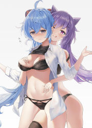 Rule 34 | 2girls, ;p, absurdres, ahoge, bikini, black bra, black panties, blue hair, blush, bra, braid, grabbing another&#039;s breast, breasts, cameltoe, cleavage, clothes lift, collared shirt, cone hair bun, double bun, ganyu (genshin impact), genshin impact, grabbing, groping, hair bun, half-closed eyes, heart, heart-shaped pupils, highres, horns, keqing (genshin impact), large breasts, leg between thighs, licking lips, looking at viewer, multiple girls, one eye closed, open clothes, panties, pout, purple eyes, purple hair, shirt, shirt lift, side-tie panties, smile, strap slip, swimsuit, symbol-shaped pupils, thighhighs, tongue, tongue out, twintails, underwear, wavy mouth, yuri
