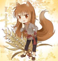 Rule 34 | 1girl, :q, animal ears, bad id, bad pixiv id, brown hair, chocho (homelessfox), holo, long hair, pouch, red eyes, ribbon, solo, spice and wolf, tail, tongue, tongue out, wheat, wolf ears, wolf tail