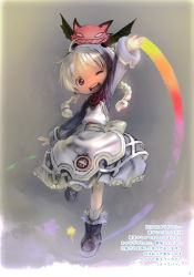 Rule 34 | 1girl, absurdres, ahoge, black footwear, blue eyes, blush, boots, braid, full body, highres, long sleeves, looking at viewer, medium hair, one eye closed, open mouth, original, smile, solo, translation request, tsukushi akihito, twin braids, white hair