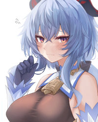 Rule 34 | 1girl, absurdres, bare shoulders, bell, blue gloves, blue hair, blush, bodystocking, breasts, detached sleeves, flying sweatdrops, ganyu (genshin impact), genshin impact, gloves, hangetsu15, highres, horns, large breasts, long hair, looking at viewer, neck bell, purple eyes, sidelocks, solo, upper body, wavy mouth, white background, white sleeves