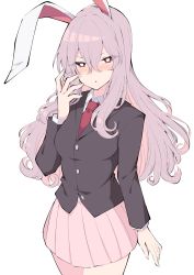 Rule 34 | 1girl, animal ears, arm up, blazer, blush, breast pocket, breasts, bright pupils, buttons, collared shirt, commentary request, eyelashes, hair between eyes, highres, jacket, large breasts, light purple hair, long hair, looking at viewer, medium breasts, necktie, open mouth, partial commentary, pink skirt, pleated skirt, pocket, rabbit ears, red eyes, red necktie, reisen udongein inaba, shirt, sidelocks, simple background, skirt, solo, standing, suit jacket, touhou, triangle mouth, tsukimirin, white background, white pupils, wing collar