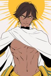 Rule 34 | 1boy, brown hair, cape, closed mouth, dark skin, dark-skinned male, earrings, fate/grand order, fate/prototype, fate/prototype: fragments of blue and silver, fate (series), grey background, hair between eyes, jewelry, male focus, navel, nipples, ozymandias (fate), smile, solo, standing, sun, tenobe, upper body, white cape, yellow eyes