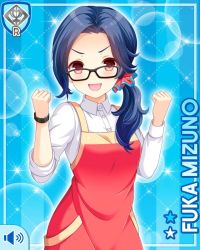 Rule 34 | 1girl, apron, blue hair, card, character name, clenched hands, girlfriend (kari), glasses, hands up, mizuno fuka, official art, open mouth, pen, ponytail, qp:flapper, red eyes, shirt, smile, tagme, teacher, v-shaped eyebrows, watch, white shirt