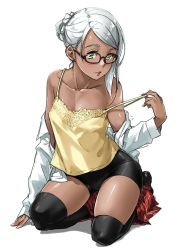 Rule 34 | 1girl, bare shoulders, bike shorts, camisole, character request, clothes pull, collarbone, dark-skinned female, dark skin, glasses, green eyes, highres, kneeling, short shorts, shorts, silver hair, skirt, skirt pull, solo, tachibana roku, thighhighs