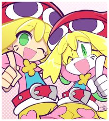 Rule 34 | 2girls, amitie (puyopuyo), artist name, blonde hair, blush, fang, furrification, furry, furry female, gloves, green eyes, highres, index finger raised, leslietheluna, looking at viewer, multiple girls, one eye closed, open mouth, puyopuyo, short hair, smile, sonic (series), white gloves, yellow fur