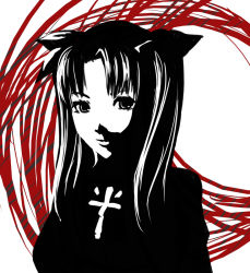 Rule 34 | 00s, 1girl, eu03, face, fate/stay night, fate (series), high contrast, monochrome, red theme, solo, spot color, tohsaka rin