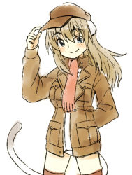 Rule 34 | 1girl, animal ears, blue eyes, blush, brown thighhighs, cat ears, cat tail, cowboy shot, hand on headwear, hatopoo (beach7pijon), light brown hair, long hair, long sleeves, scarf, simple background, smile, solo, strike witches, tail, thighhighs, white background, wilma bishop, world witches series